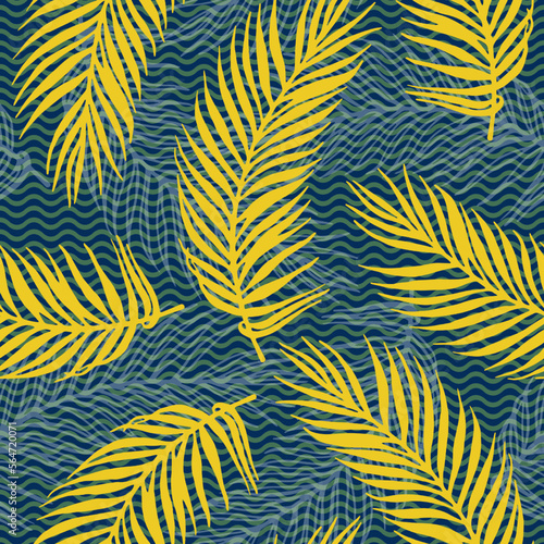 Seamless jungle palm leaves vector pattern. Botanical elements over waves