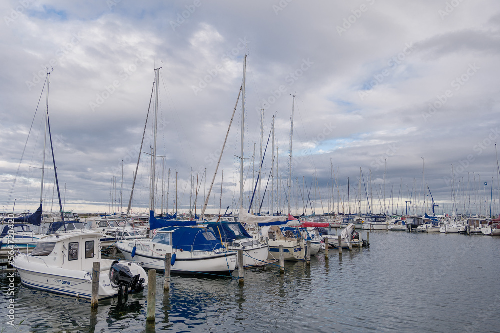 Outdoor scenery around Kastrup Havn marina and many boats wharf at the harbour. 
