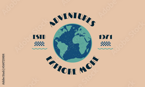 Adventures retro emblem. Groovy 70s logo. Retro earth logo. Hippie 1970s design. Vector Print for T-shirt, typography.