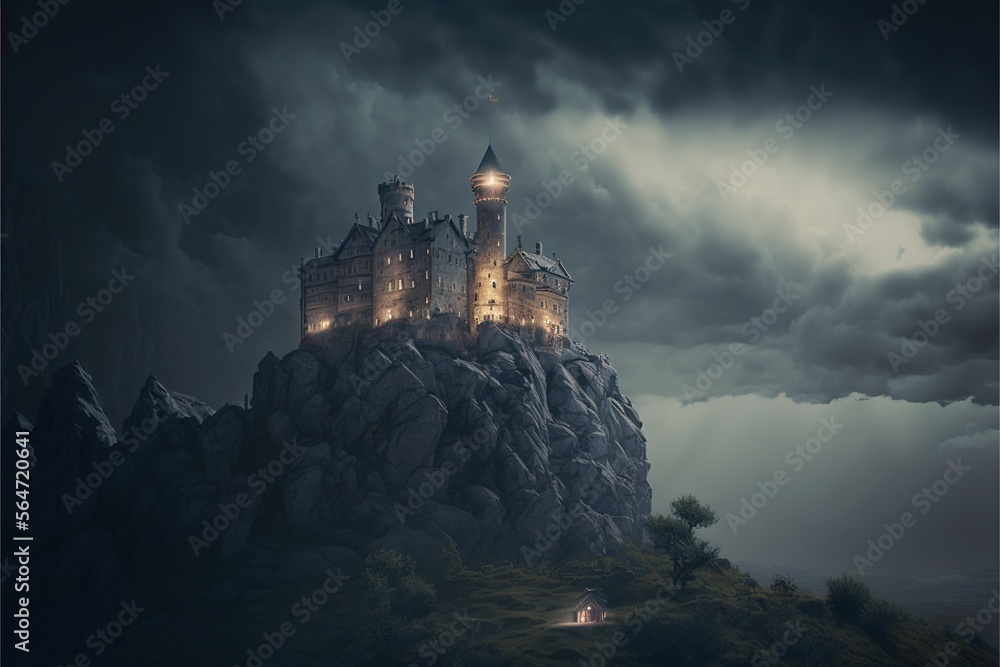 a castle on a rock with a light on at night time with a dark sky behind ...