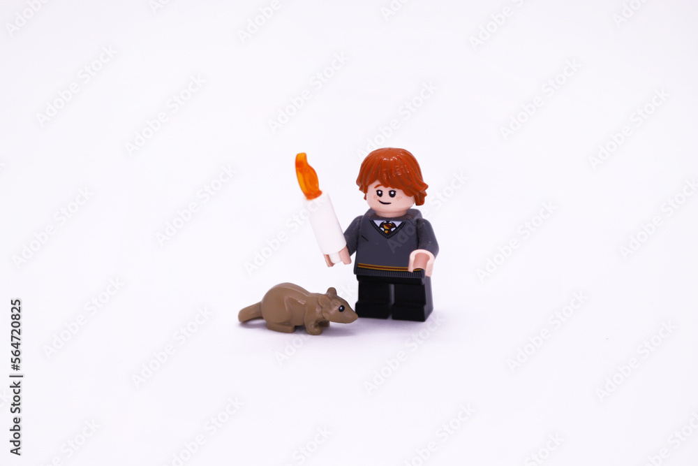 Ron Weasley with his rat Scabbers. Lego toy. Characters from the Harry ...