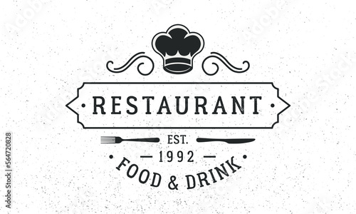 Restaurant - vintage logo concept. Logo of Restaurant with vintage frame, chefs hat, fork and knife. Restaurant logo template. Grunge texture. Vector illustration