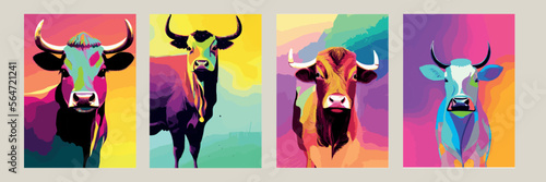 Vector illustration of a multicolored cow on a colored background