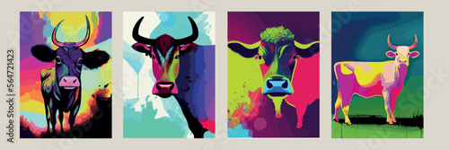 Vector illustration of a multicolored cow on a colored background