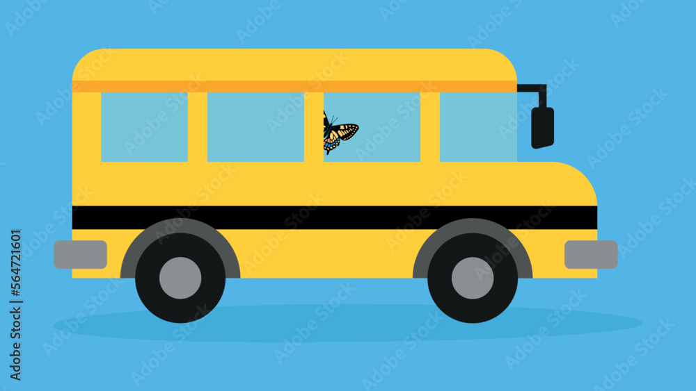 Butterfly rides in a yellow bus