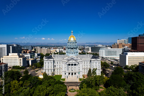 An aerial view of the Colorado State Capitol in downtown Denver