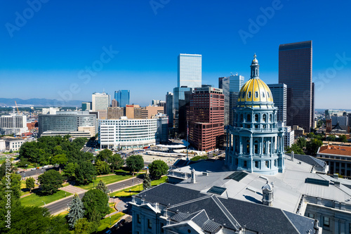 An aerial view of the Colorado State Capitol in downtown Denver