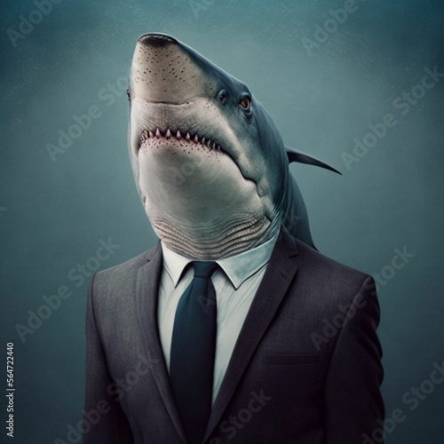 A shark in a business suit portrait created with generative AI technology