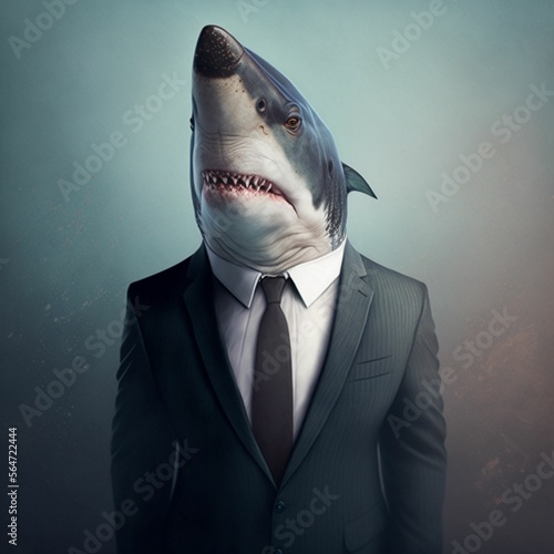 A shark in a business suit portrait created with generative AI technology