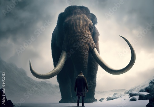A majestic Woolly Mammoth towers in the winter landscape  dwarfing a diminutive man standing before it. Generative ai