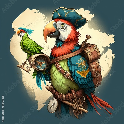  a parrot with a pirate hat and a parrot with a clock on its back, sitting on a pirate's chest, with a full moon in the background, and a splot. generative ai