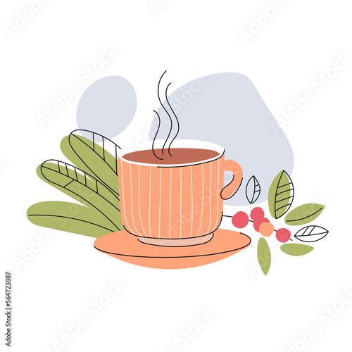 Cup of coffee, a branch with leaves and berries. Flat style isolated on white background. Hand drawn. Vector illustration.