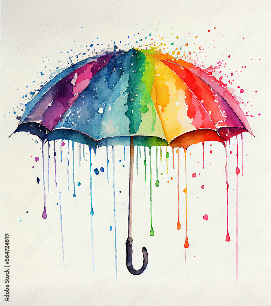 Watercolor illustration of umbrella with pouring rainbow over it on white paper textured background. - obrazy, fototapety, plakaty 