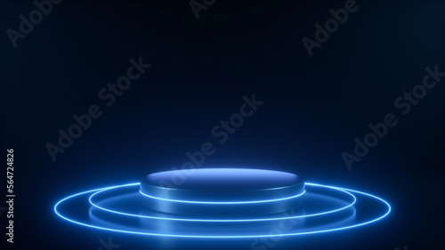 Blue neon in a dark room with podium, advertising stand, neon platform - 3D Illustration