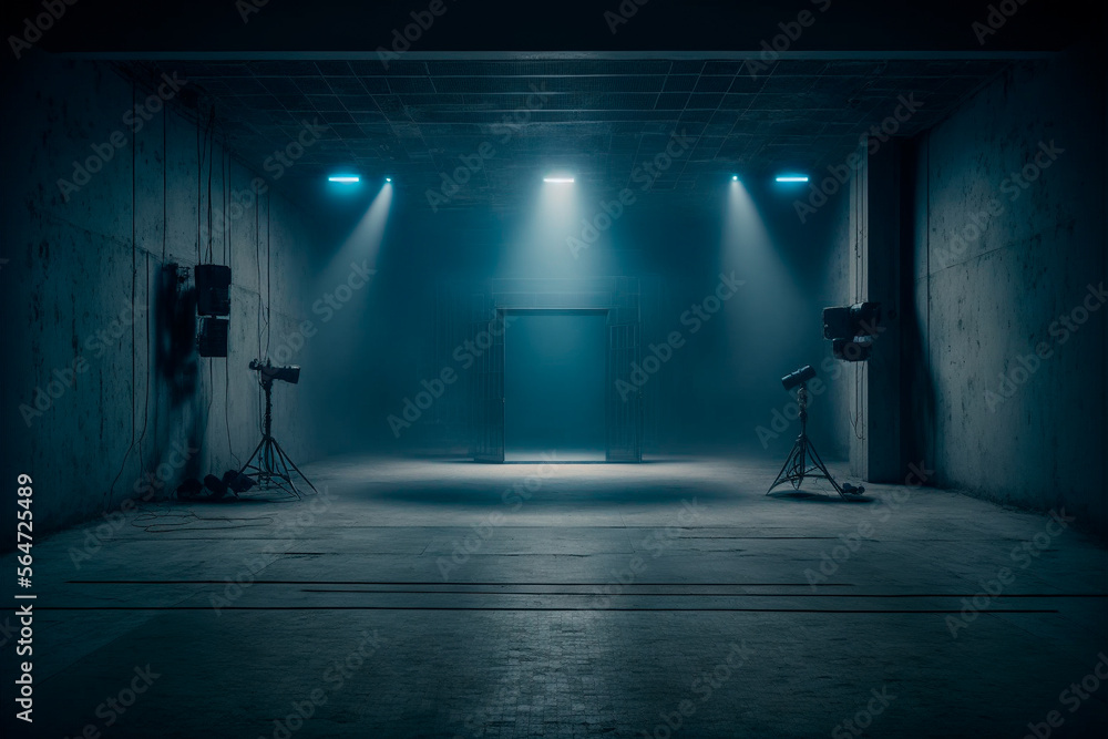 Dark stage location, dark blue background, empty dark room, neon light and spotlights. A concrete floor and a smoke-filled studio room create an interior texture for product display
