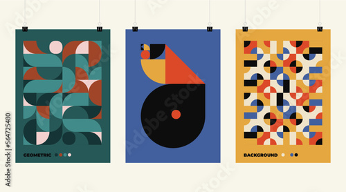 Geometric pattern background, vector abstract circle, triangle and square lines art. Yellow, blue, red and green color, trendy bauhaus geometric pattern backgrounds set