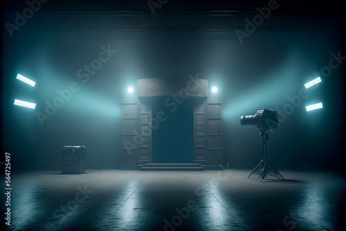 Dark stage location, dark blue background, empty dark room, neon light and spotlights. A concrete floor and a smoke-filled studio room create an interior texture for product display.  © robroy
