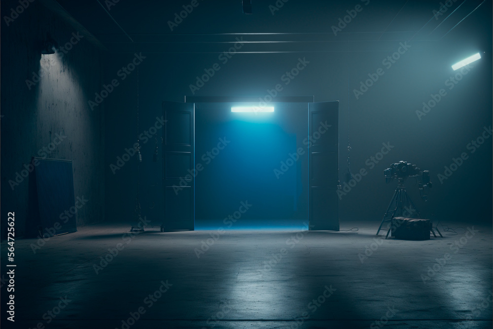 Dark stage location, dark blue background, empty dark room, neon light and spotlights. A concrete floor and a smoke-filled studio room create an interior texture for product display.