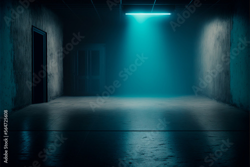 Dark stage location, dark blue background, empty dark room, neon light and spotlights. A concrete floor and a smoke-filled studio room create an interior texture for product display. © robroy
