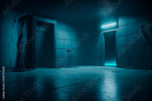 Dark stage location  dark blue background  empty dark room  neon light and spotlights. A concrete floor and a smoke-filled studio room create an interior texture for product display.