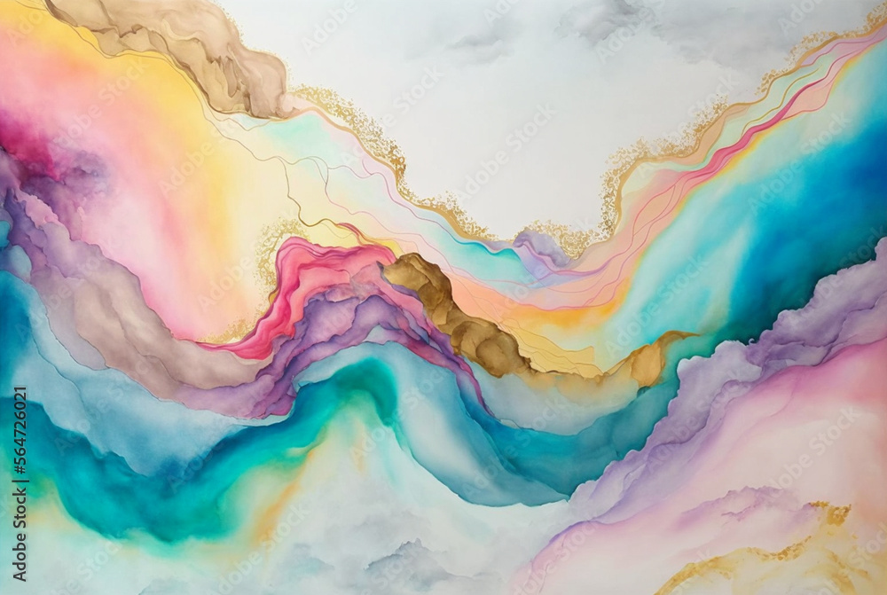 alcohol ink rainbow Gold marbling abstract background, watercolor paint texture imitation created with Generative AI