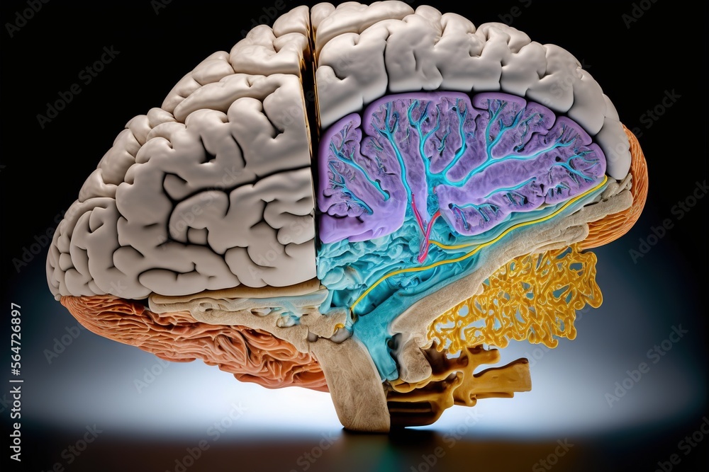 a model of the human brain with the left and right sides of the brain