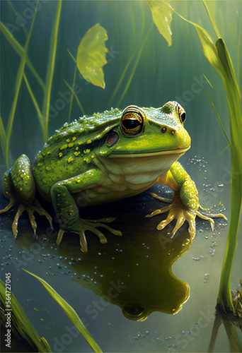 Green toad sits on a swamp. AI generated © StockMediaProduction