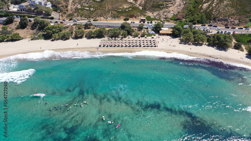 Fototapeta premium Aerial drone top down photo of paradise organised sandy beach with sea beds and umbrellas in tropical exotic destination island