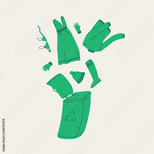 Recycling of clothes and textiles. Women's clothing will be sent to a recycling bin. Vector illustration of the concept of conscious consumption, reuse and donation.