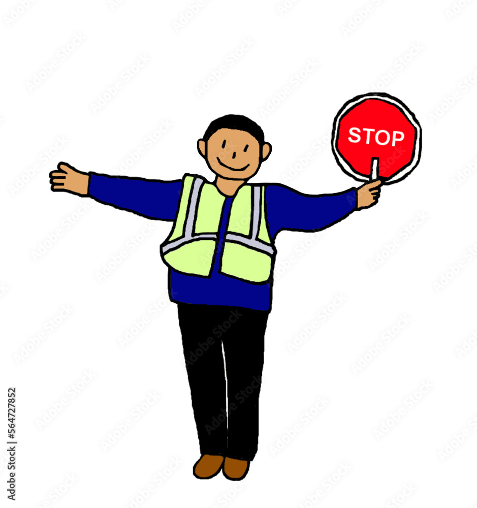 Smiling Man Cross Guard Wearing Safety Vest Holding a Stop Sign Cartoon Illustration Smiling Man Cross Guard Wearing Safety Vest Holding a Stop Sign Cartoon Illustration