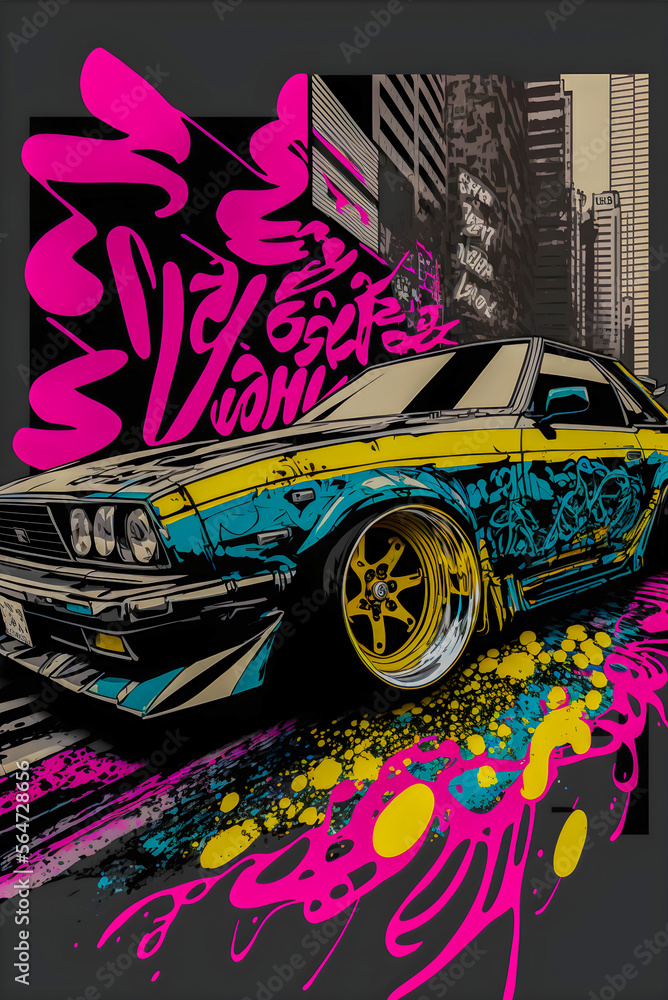 Japanese car tuning Bosozoku, graffiti poster art illustration Generative  AI Stock Illustration