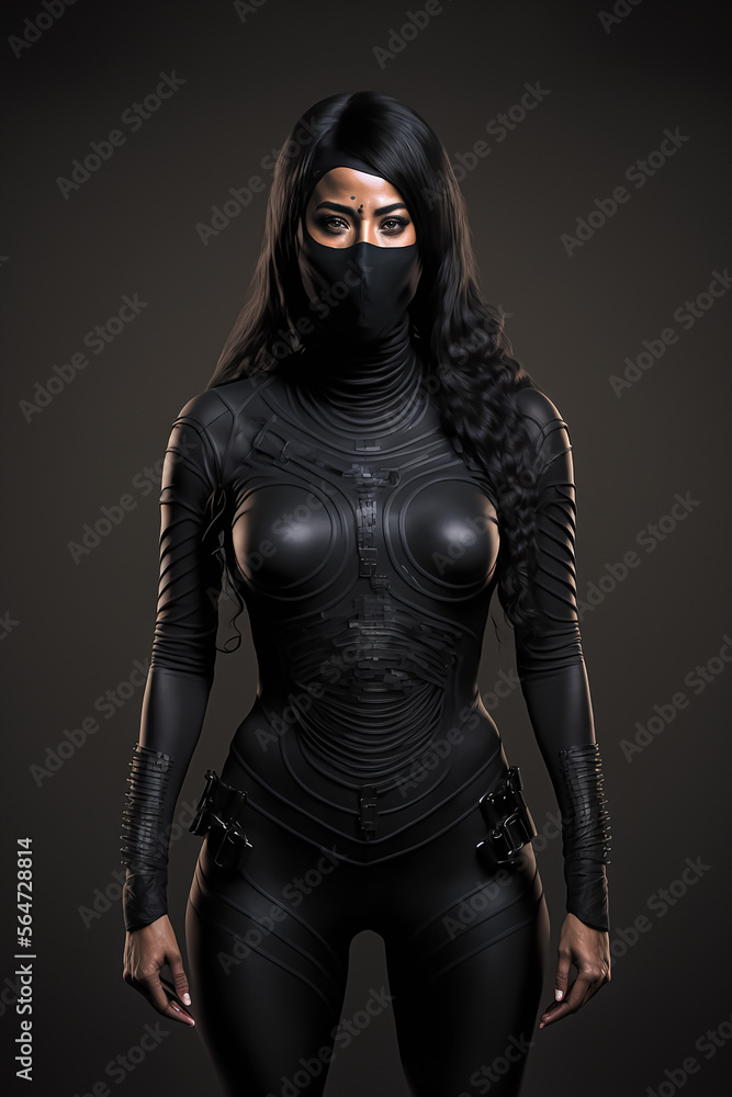 A woman as a black bodysuit ninja, sci-fi, full body, Isolated, Generative  AI Stock Illustration