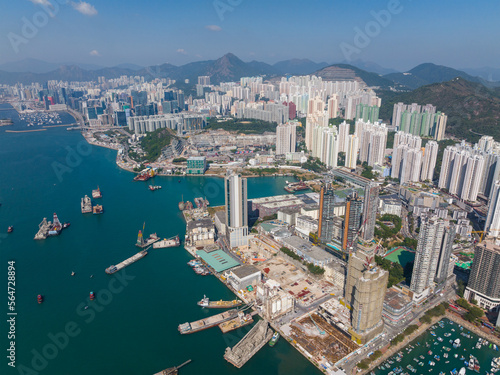 Aerial view of Hong Kong concrete factory and the residential district