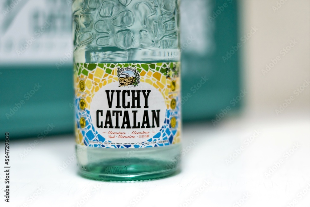 Barcelona, Spain March 9, 2022. Bottles and box of Vichy Catalan, a Spanish brand of bottled