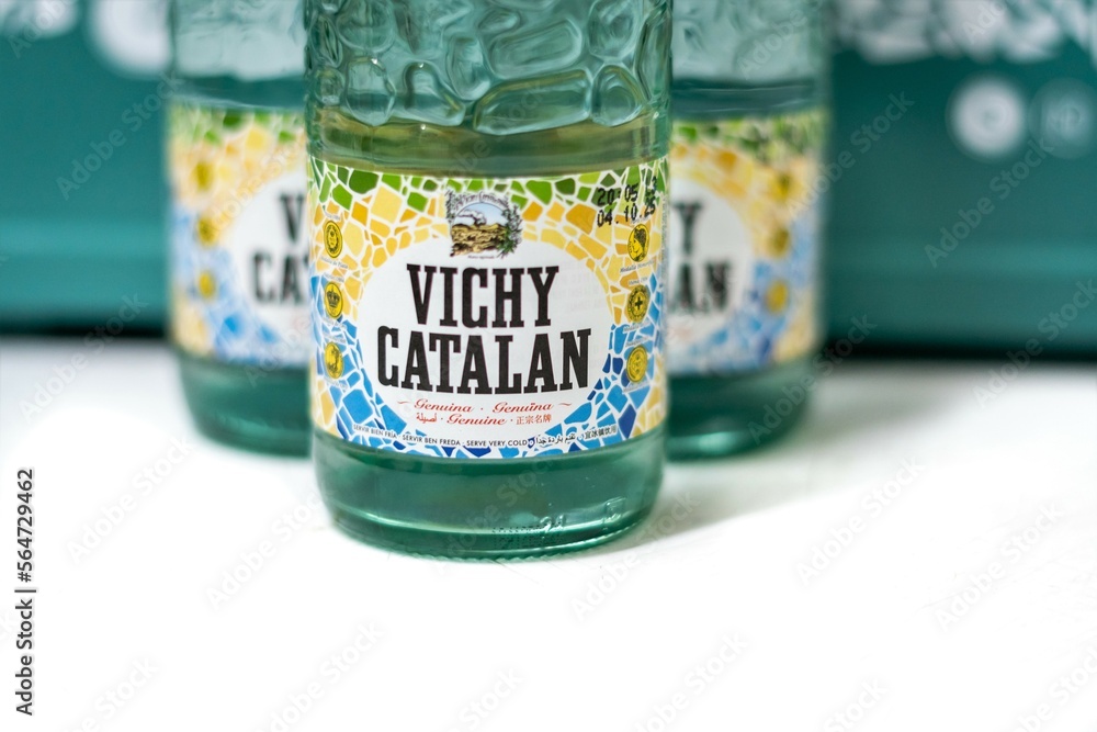 Barcelona, Spain March 9, 2022. Bottles and box of Vichy Catalan, a