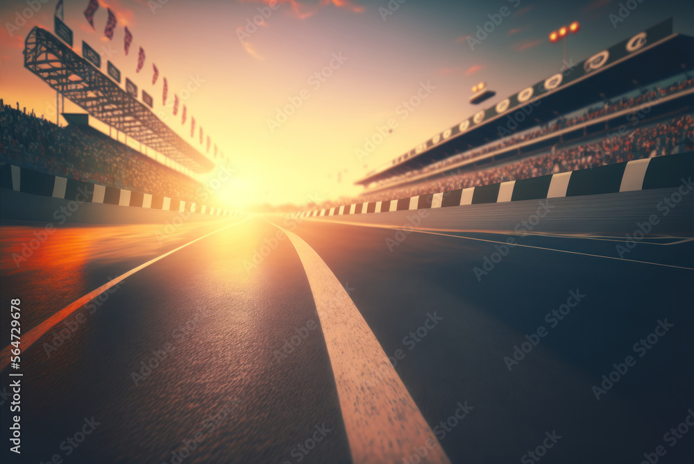 Fototapeta premium Empty race track at sunset, sport background, generative ai