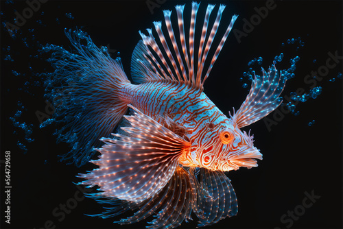 Beautiful blue and orange glowing lionfish under water.Created with generative AI