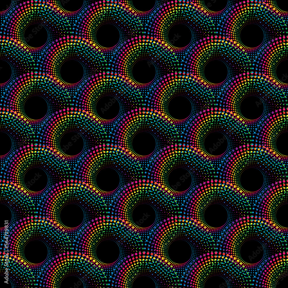 Rainbow dot circle frame halftone on the black background. Vector illustration.	