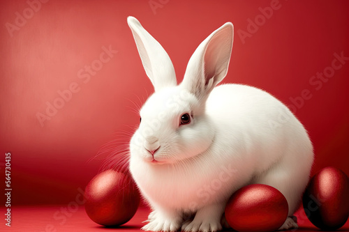 Generative AI of cuddly Easter bunny and Red Eggs: Dyed Red Easter Eggs and an Easter Bunny Pet for a Decorated Home © Victor Moussa