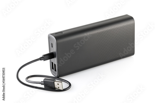 Additional self-contained external battery for charging mobile and other device. Power bank isolated on white background. Stylish charger (rechargeable battery). Full depth of field.