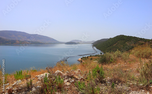 Landscape with Lake Butrin and mussel farm in Albania