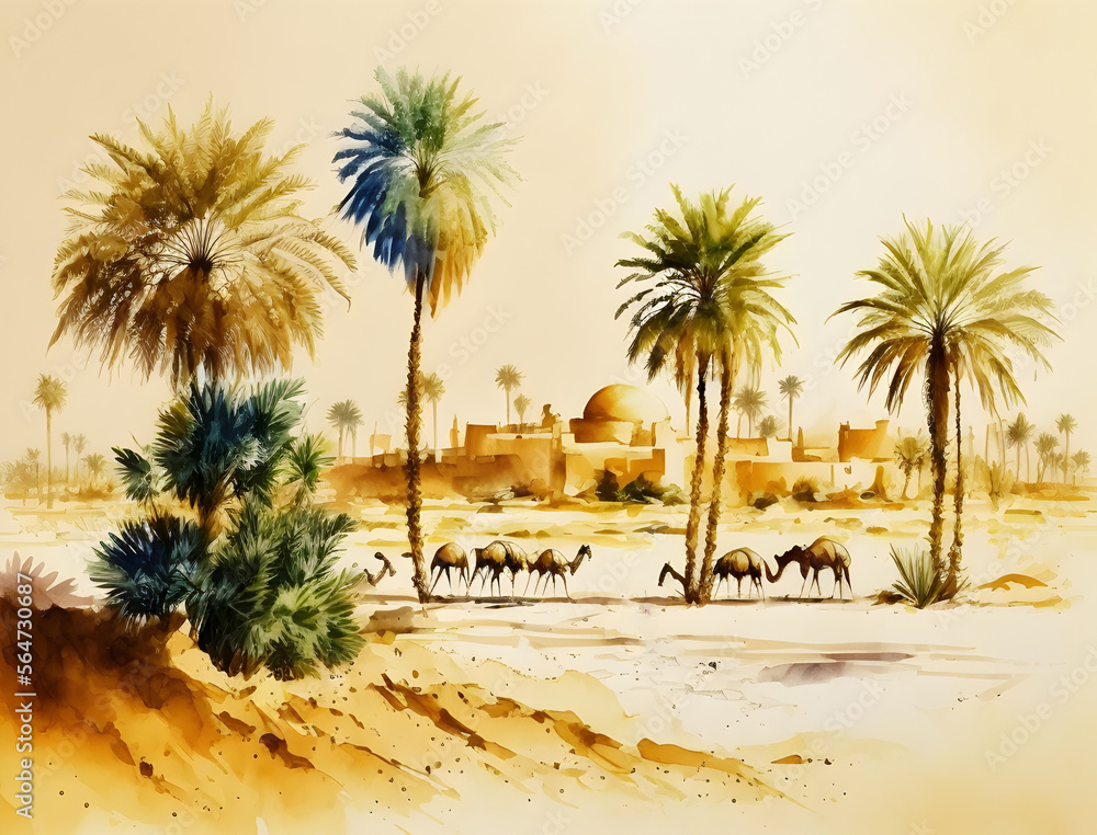 Fototapeta premium Watercolor painting, a landscape of the Arabian Peninsula in the past, for houses, palm trees and camels - used as a wall painting - digital painting