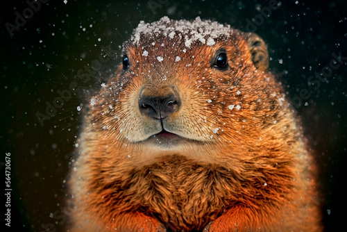 Groundhog portrait. Groundhog covered in snow on Groundhog Day. Generative AI