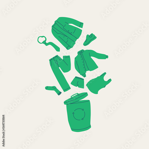 Recycling of clothes and textiles. Men's clothing will be sent to the trash can. Shirt, jacket, tie, boots, pants, etc. Vector illustration of the concept of conscious consumption, reuse and donation.