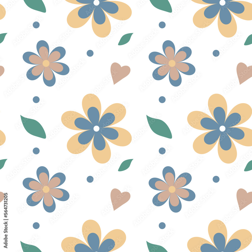 Vector seamless pattern.Simple trendy flowers, leaves and hearts on a white background Vector seamless pattern.Simple trendy flowers, leaves and hearts on a white background