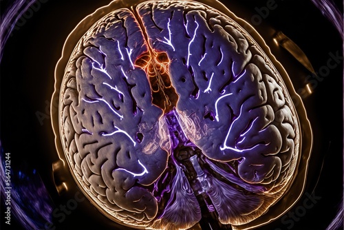 a picture of a brain with a purple light in it's center and a purple light in the middle of the brain, and a purple light in the middle of the brain, and a black background.  generative ai photo