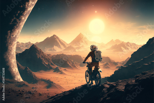 Astronaut on a mountain bike, looking at a giant mountain on the horizon, in the sky there is a barely visible planet, Generative AI