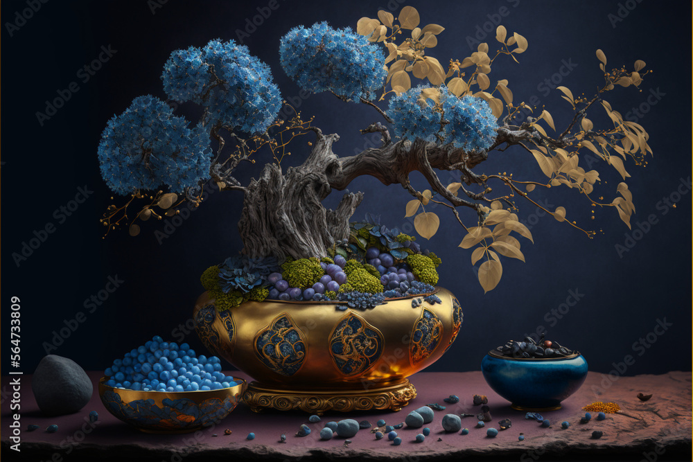 Bonsai iluminado com luzes perfeitas em um vaso com detalhes, Generative AI