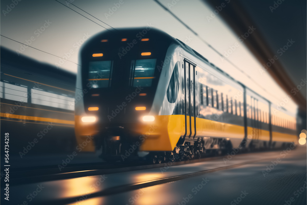 Train on the move, blurred cityscape, the passenger. Modern intercity passenger train with motion blur effect on the railway platform. generative AI