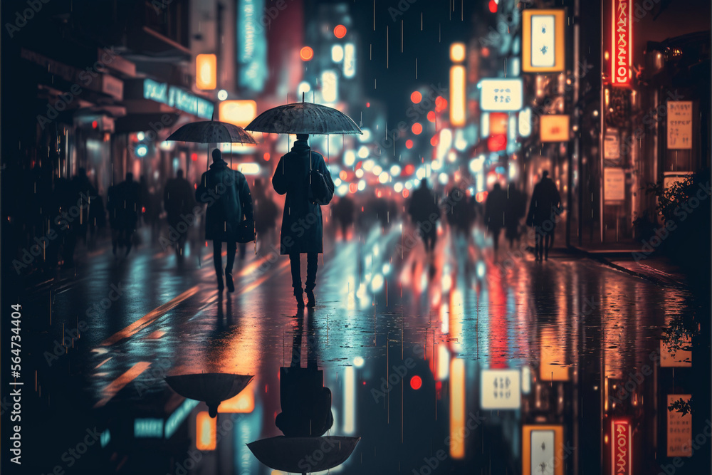 Scene Tokyo city at night with rain, people walk, umbrella, Generative AI